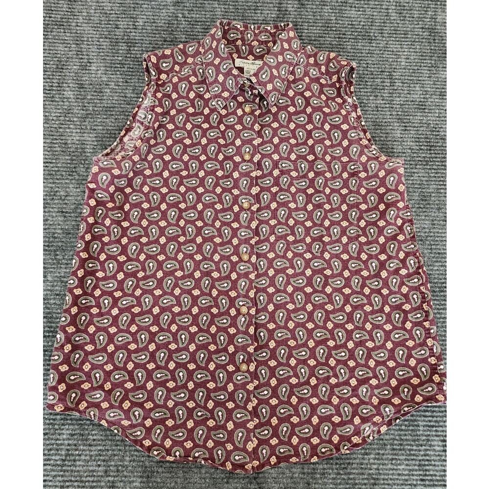 Eddie Bauer Womens Medium Paisley Sleeveless Button Down Linen-Cotton Blend